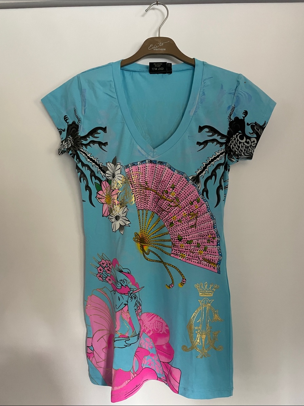 Christian Audigier Ed Hardy Turquoise Pink Fan Geisha Graphic Tunic Tee NWOT M
